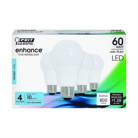 Feit Electric Feit Enhance A19 E26 (Medium) LED Bulb Daylight 60 Watt Equivalence 4 pk OM60/950CA10K/4
